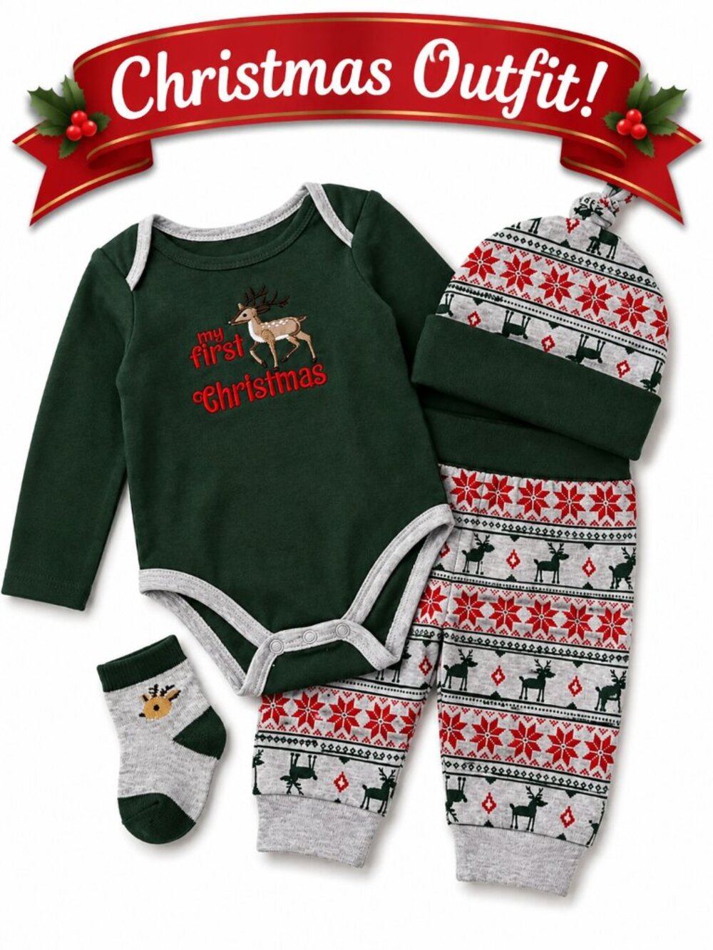 NWT Baby Essentials 4 Piece Christmas Outfit Set Baby Boys Size 6 Months